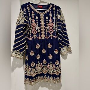 Pakistani Shalwar Kameez Navy Dress with Gold and Pink Accents